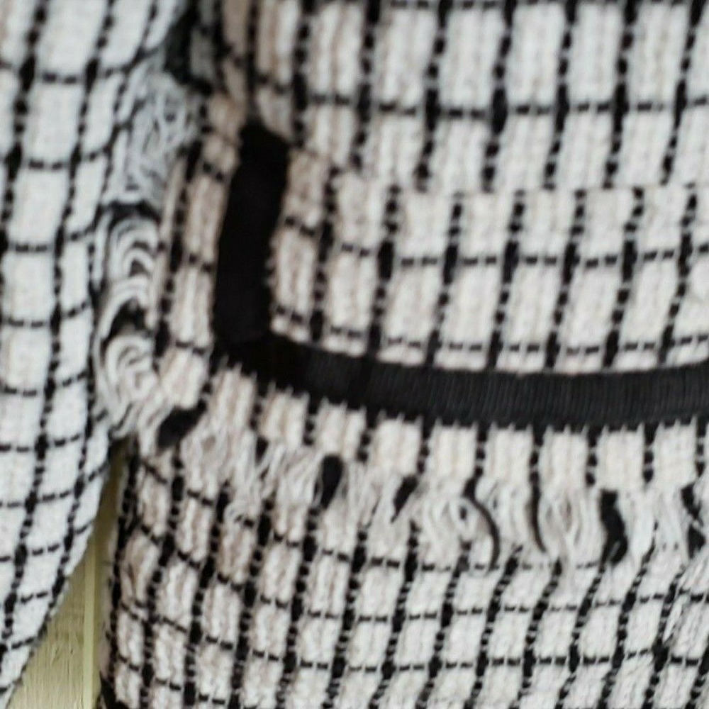 Chico's Blazer Jacket Womens 1 White Black Check Tweed Fringe Open Front Lined - Picture 4 of 8